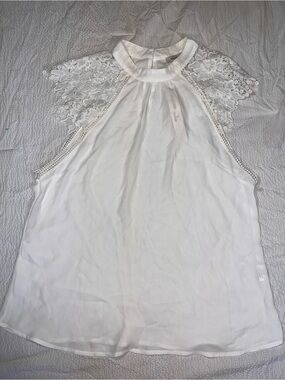 High-Neck Lace Cap Sleeve Camisole - White